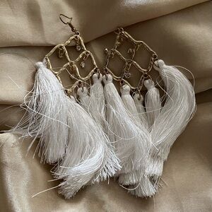 Vintage Boho White Tassel Drop Pierced Earrings with Gold Frame